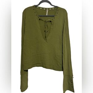 Free People "Jump To The Beat" Studded Boho Blouse - Olive Green Size Large